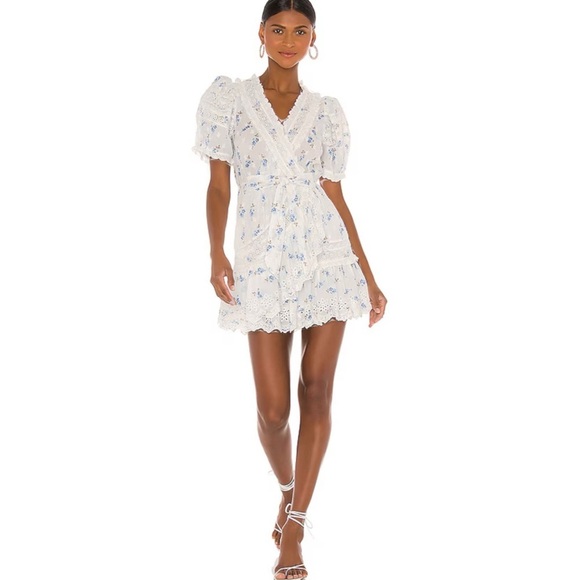 LoveShackFancy 100% cotton mini dress in cream and blue floral NWT